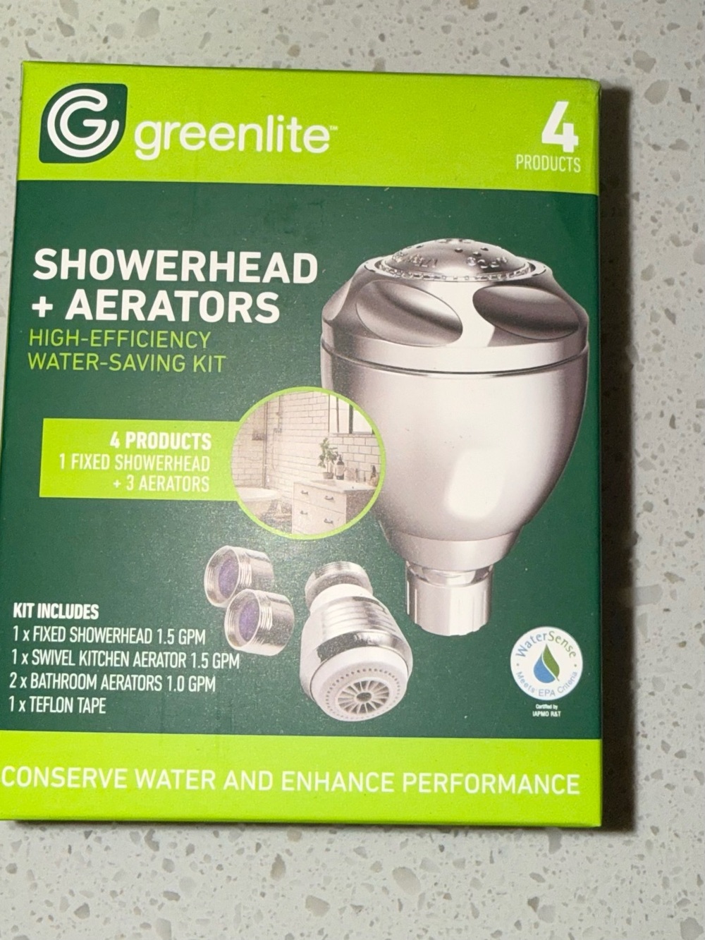 Greenlite 4-Piece Water-Saving Showerhead & Faucet Aerator Kit NIB